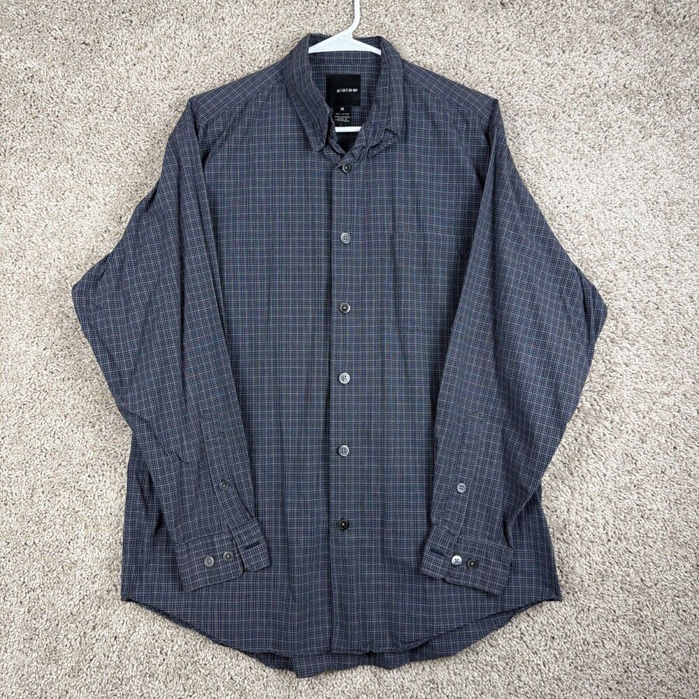 Slates Shirt Mens Medium Gray Plaid Long Sleeve Button Up Cotton Pocket Casual
